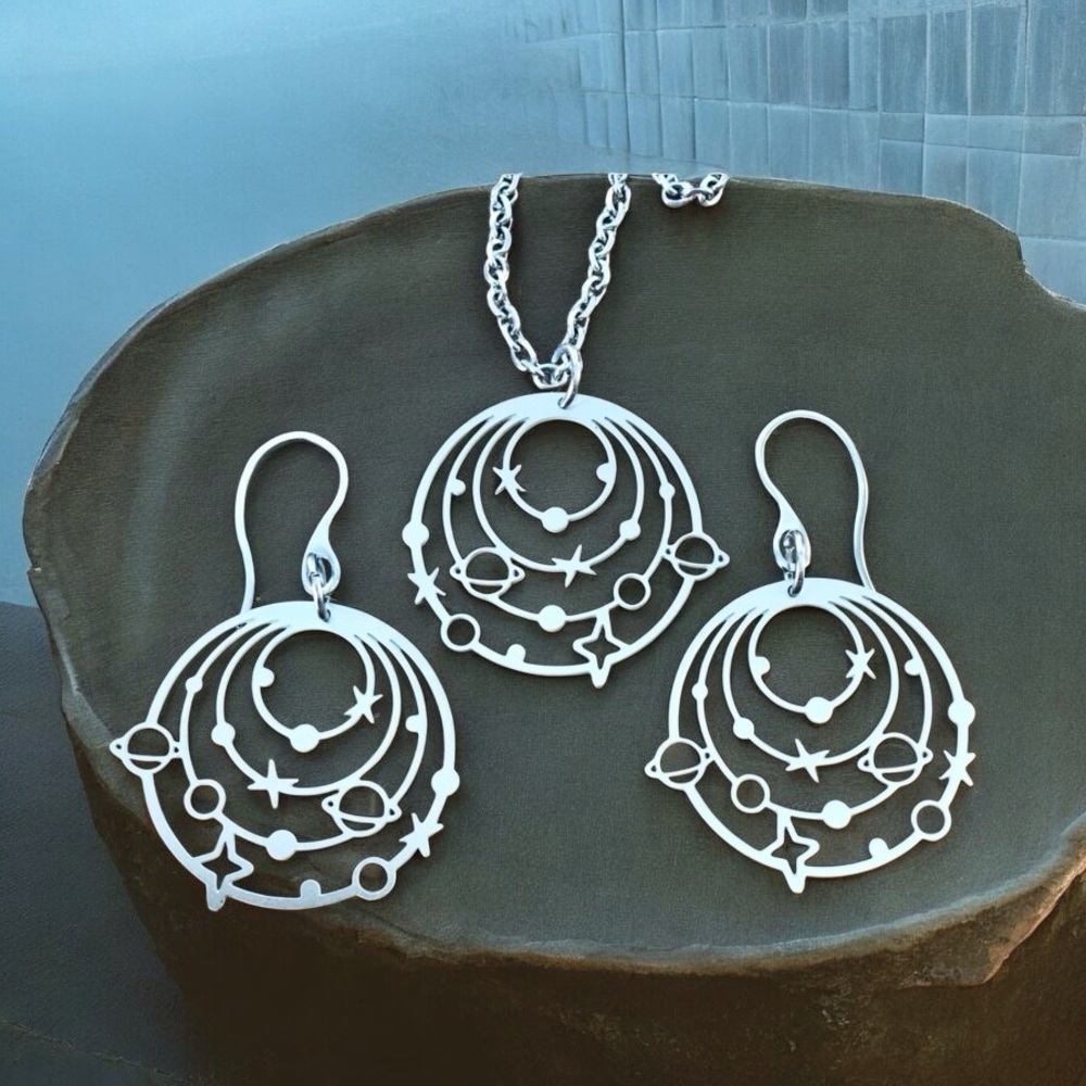 🆕 The Universe Laser Cut Necklace and Earrings Set Stainless Steel